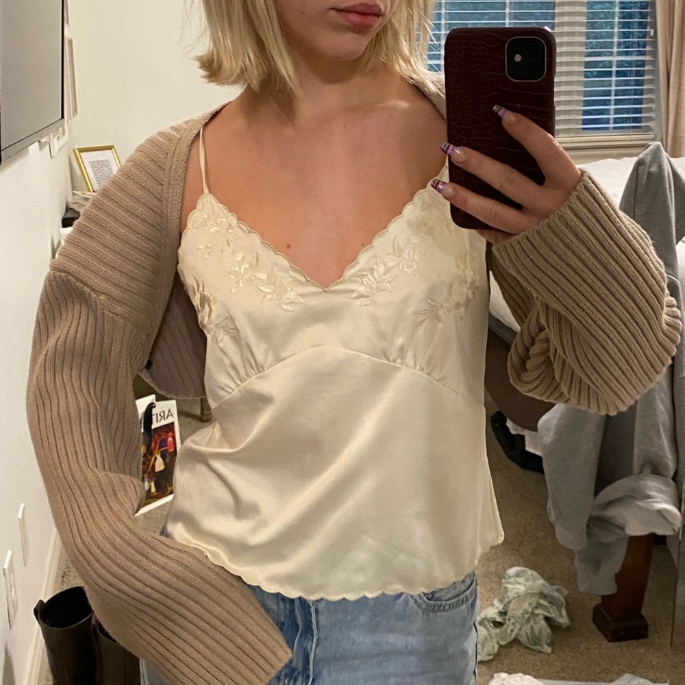 Zara Cream Satin Camisole with Tan Cardigan
